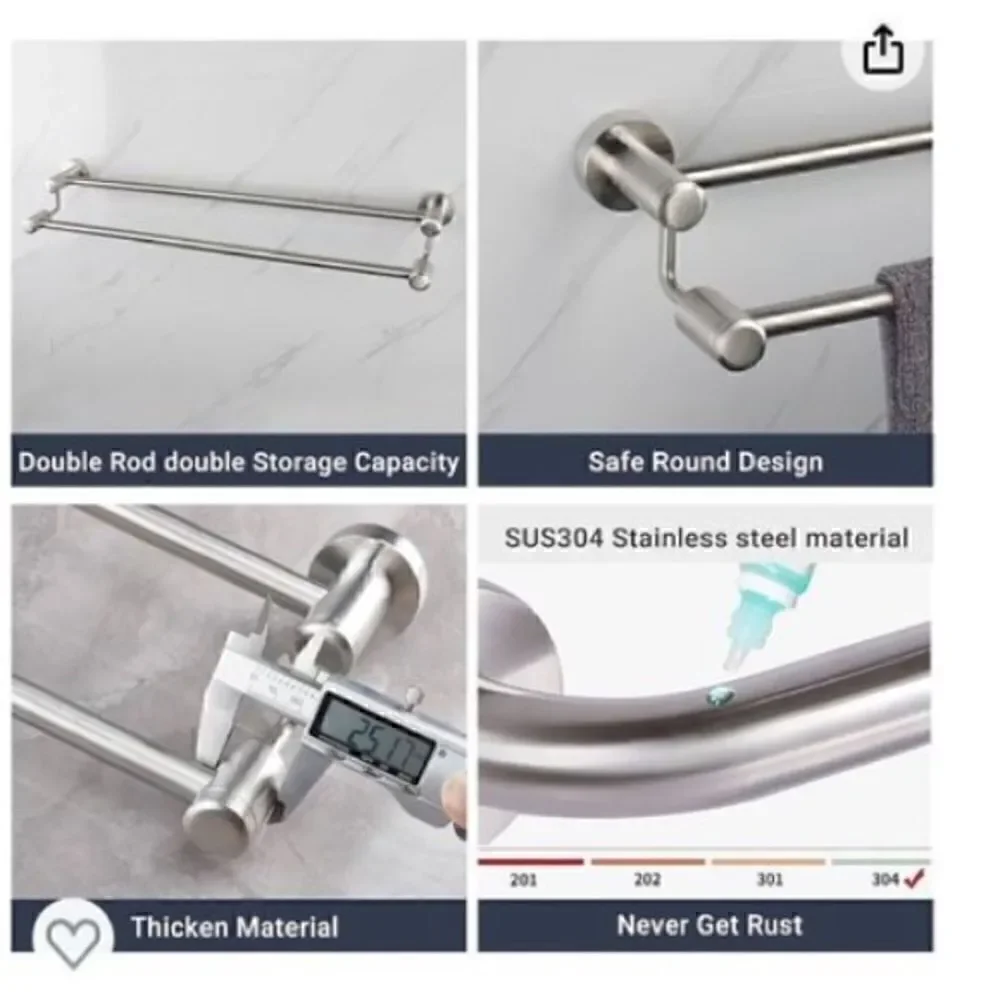 *NEW*Set Of 2 TocTen Stainless Steel Thicken Wall Mounted Double Bath Towel Bar